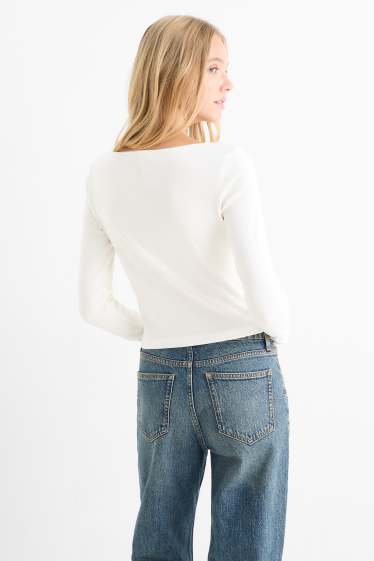 Femei - Tricou crop cu mânecă lungă - reiat - alb