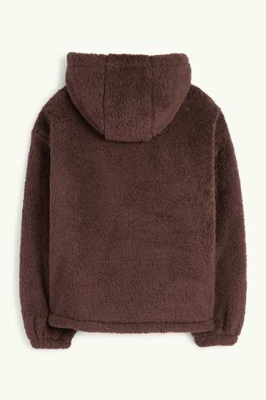 Femmes - Veste en peluche à capuche - marron foncé