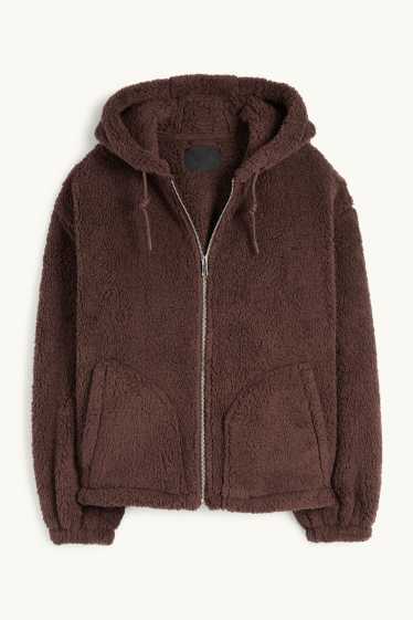 Femmes - Veste en peluche à capuche - marron foncé