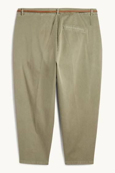 Damen - Stoffhose mit Gürtel - High Waist - Barrel Leg - khaki