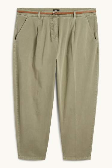 Damen - Stoffhose mit Gürtel - High Waist - Barrel Leg - khaki