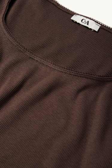 Femmes - Haut court à manches longues - finition côtelée - marron foncé