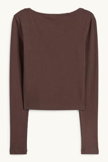Femmes - Haut court à manches longues - finition côtelée - marron foncé
