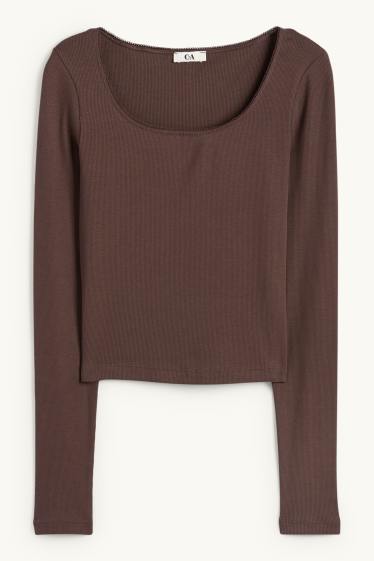 Femmes - Haut court à manches longues - finition côtelée - marron foncé