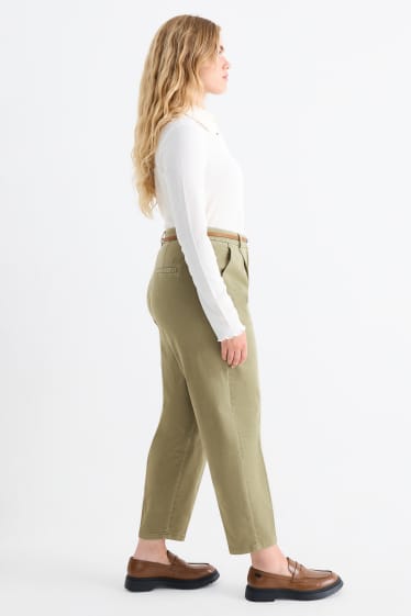 Damen - Stoffhose mit Gürtel - High Waist - Barrel Leg - khaki