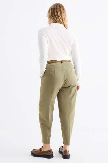 Damen - Stoffhose mit Gürtel - High Waist - Barrel Leg - khaki