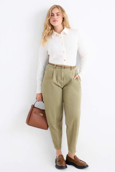 Damen - Stoffhose mit Gürtel - High Waist - Barrel Leg - khaki