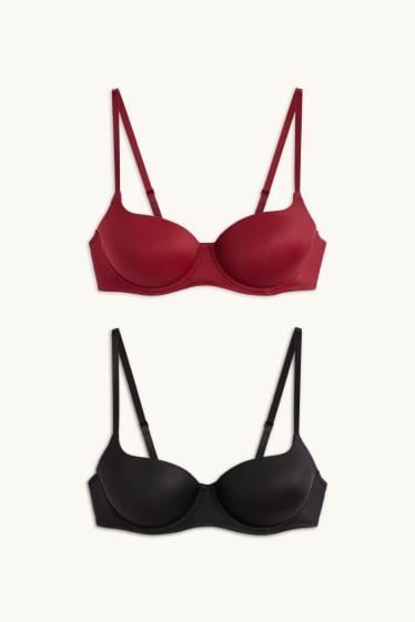 Damen - Multipack 2er - BH mit Bügel - FULL COVERAGE - wattiert - dunkelrot / schwarz