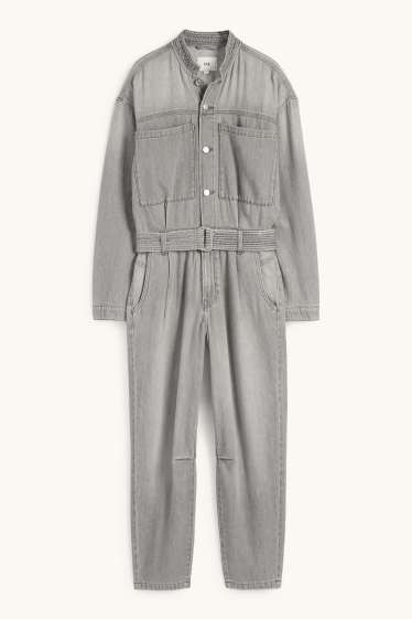 Damen - Jeans-Jumpsuit mit Gürtel - helljeansgrau