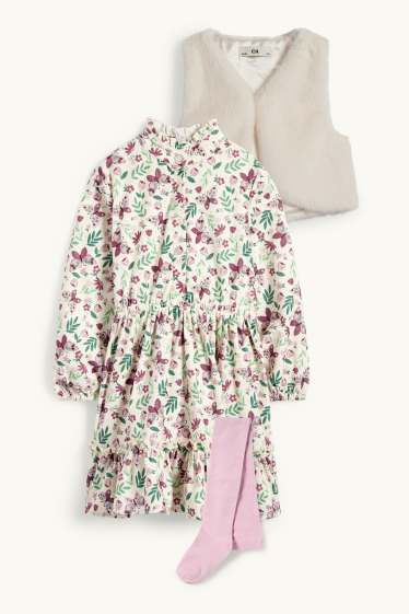 Children Girls - Set - dress, faux fur waistcoat and tights - 3 piece - violet