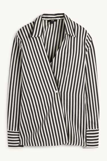 Femmes - Chemisier en lin mélangé à col V - à rayures - noir / blanc