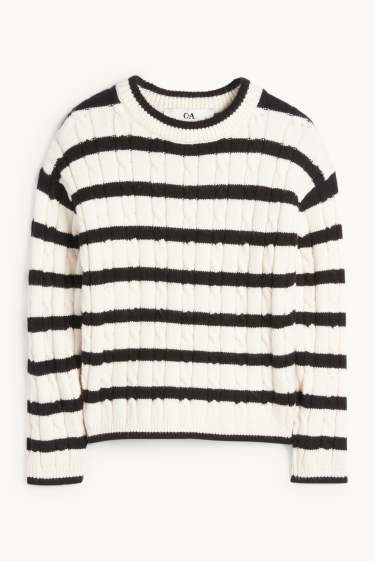 Kinderen: meisjes - Trui - gestreept - kabelpatroon - zwart / wit