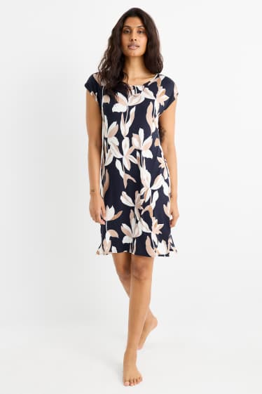 Dames - Nachthemd - gebloemd - donkerblauw