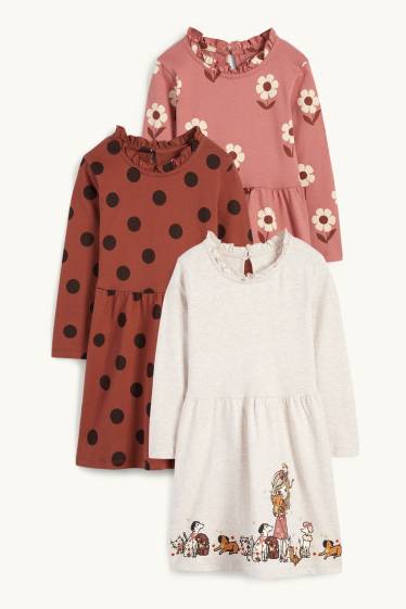 Enfants filles - Lot de 3 - fleur, chien et chat - robe - rose / beige