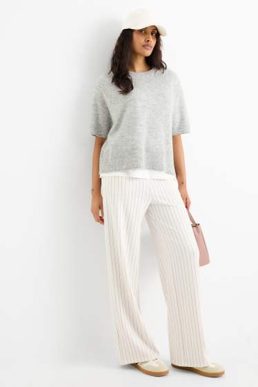 Dames - Broek van jersey - mid waist - straight fit - met strepen - crème wit