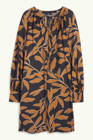 Mujer - Vestido de línea evasé - de flores - negro / beis