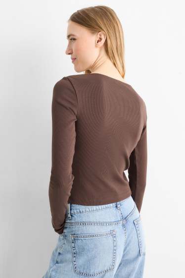 Femmes - Haut court à manches longues - finition côtelée - marron foncé