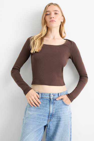 Femmes - Haut court à manches longues - finition côtelée - marron foncé