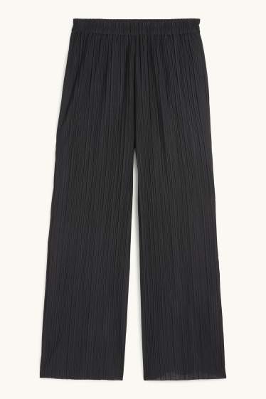 Women - Plissé trousers - high-rise waist - wide leg - black