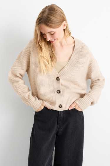 Damen - Strickjacke - gerippt - beige