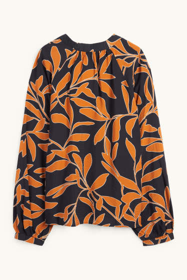 Dames - Blouse met V-hals - gebloemd - oranje / zwart