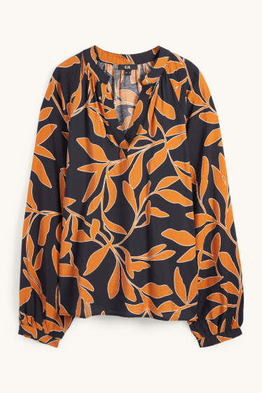 Dames - Blouse met V-hals - gebloemd - oranje / zwart