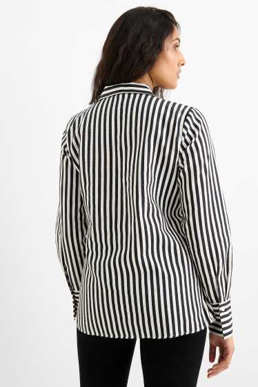 Femmes - Chemisier en lin mélangé à col V - à rayures - noir / blanc