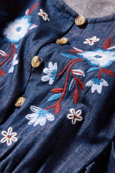 Children Girls - Floral - denim dress - dark blue