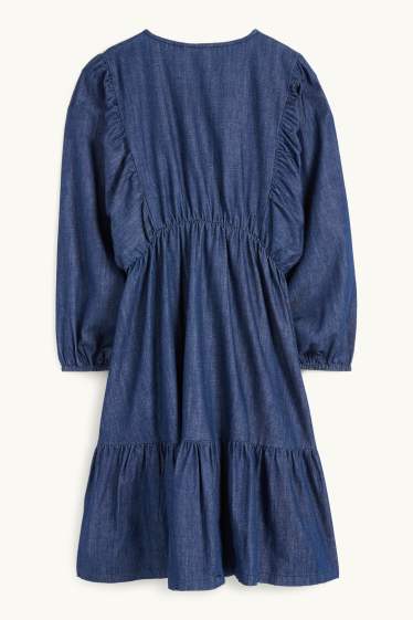 Children Girls - Floral - denim dress - dark blue