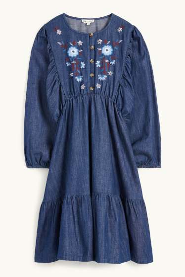Children Girls - Floral - denim dress - dark blue