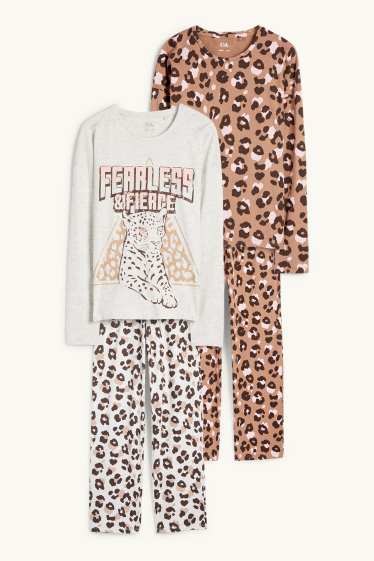 Enfants filles - Lot de 2 - pyjamas - 4 pièces - imprimé léopard - gris clair chiné