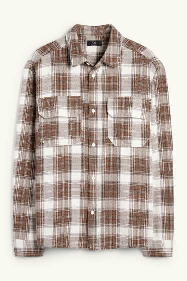 Hommes - Chemise en flanelle - relaxed fit - col kent - à carreaux - beige / marron