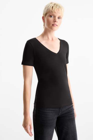 Dames - T-shirt met V-hals - slim fit - zwart