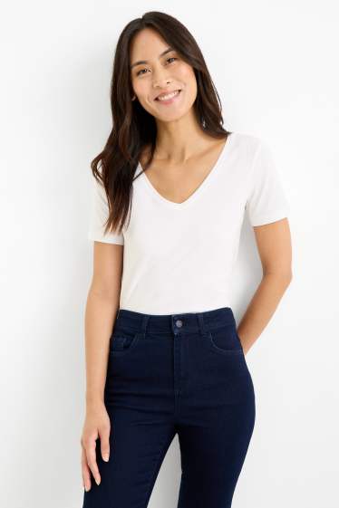 Dames - T-shirt met V-hals - slim fit - wit
