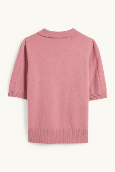 Dámské - Pletený kašmírový svetr - s krátkým rukávem - růžová
