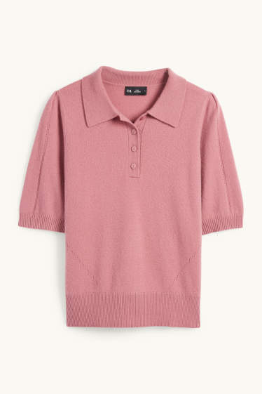 Dámské - Pletený kašmírový svetr - s krátkým rukávem - růžová