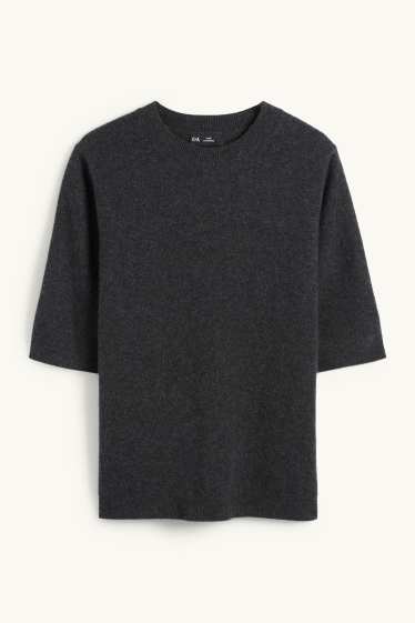 Dámské - Pletený kašmírový svetr - s krátkým rukávem - tmavošedá