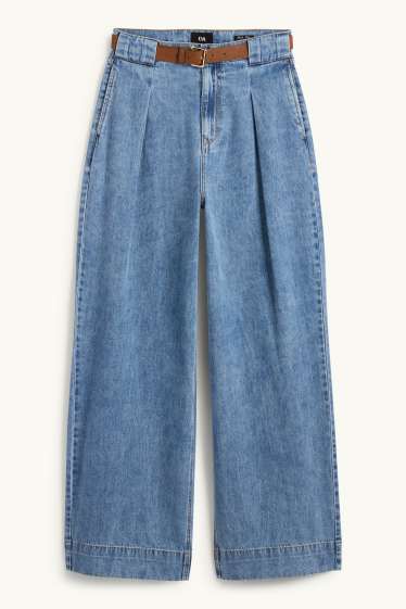 Women - Wide leg jeans with belt - mid-rise waist - denim-light blue