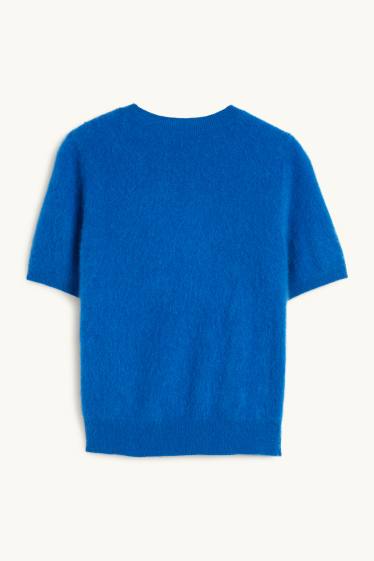 Women - Knitted cashmere jumper - short sleeve - blue