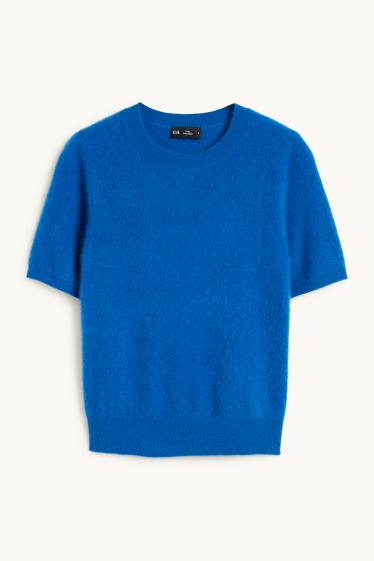 Women - Knitted cashmere jumper - short sleeve - blue