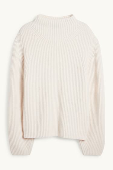 Femmes - Pull en cachemire - finition côtelée - blanc crème