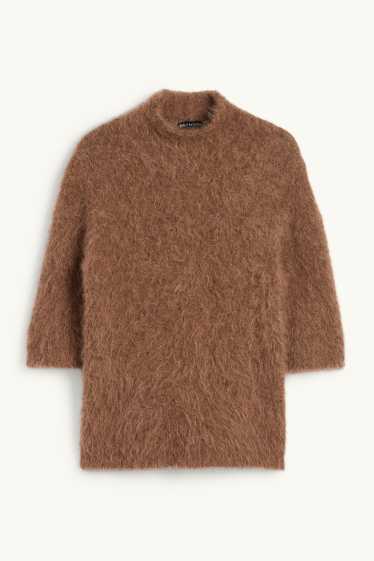 Dámské - Pletený svetr - s krátkým rukávem - směs alpakové vlny - hnědá