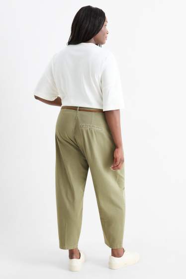 Damen - Stoffhose mit Gürtel - High Waist - Barrel Leg - khaki