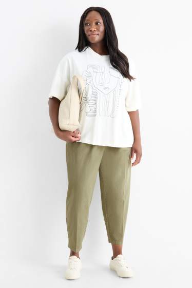 Damen - Stoffhose mit Gürtel - High Waist - Barrel Leg - khaki