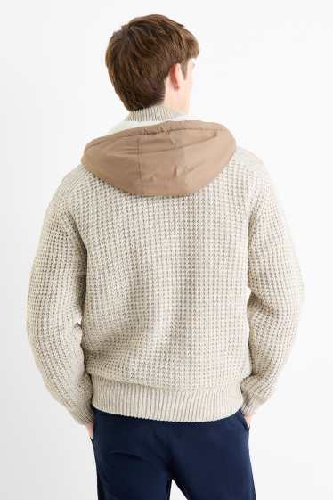 Herren - Strickjacke mit Kapuze - gefüttert - strukturiert - hellbeige