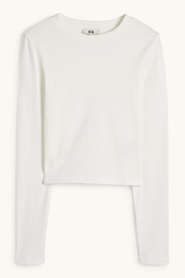 Femmes - Haut court à manches longues - finition côtelée - blanc