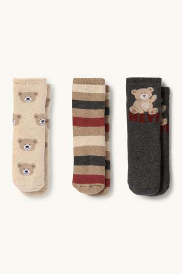 Baby Boys - Multipack of 3 - teddy bear - baby non-slip socks with motif - dark gray