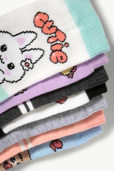 Enfants filles - Lot de 7 paires - Kawaii - chaussettes de tennis à motif - noir