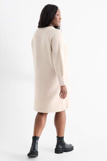 Women - Knitted dress - ribbed - light beige