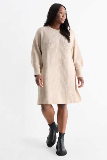 Women - Knitted dress - ribbed - light beige